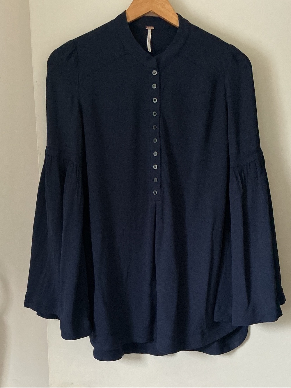 FREE PEOPLE Women’s Navy Button-Front Blouse with Bishop Sleeves